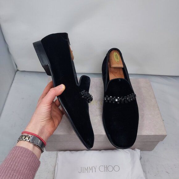Jimmy Choo MENS Thame Crystal Embellished Velvet Black Loafer - Picture 3 of 10